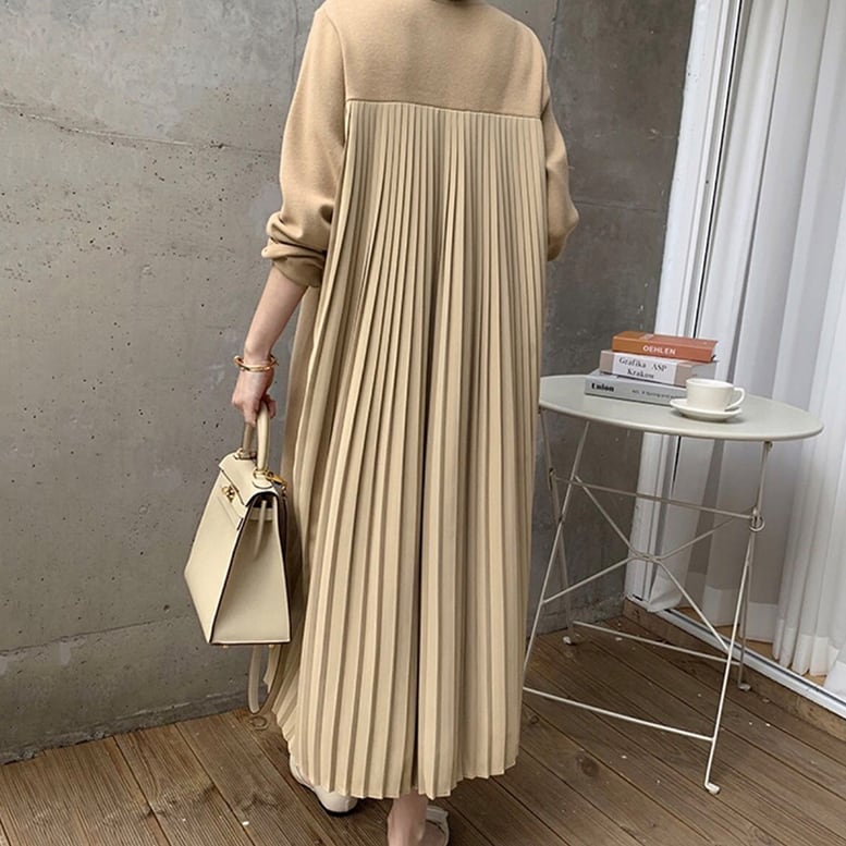 バックプリーツワンピース】ロング丈 ドッキングワンピース おしゃれ バックプリーツワンピース】ロング丈 ドッキングワンピース おしゃれ