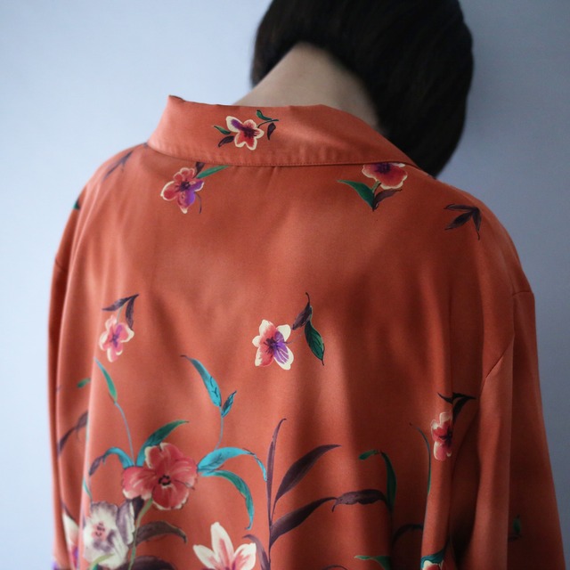 beautiful flower art pattern loose silhouette open collar shirt