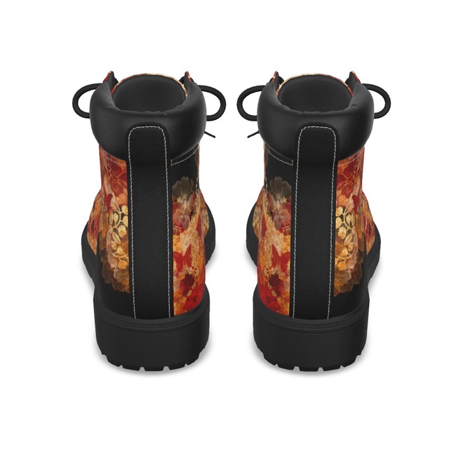 華と蝶　レッド　和柄ユニセックスヴィーガンレザーブーツ