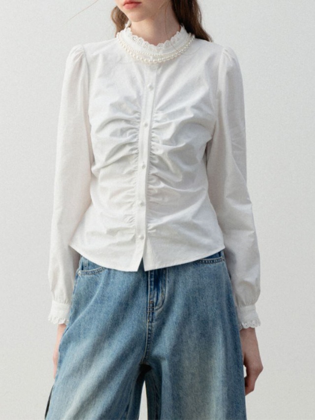 Ruched Lace Cotton Blouse