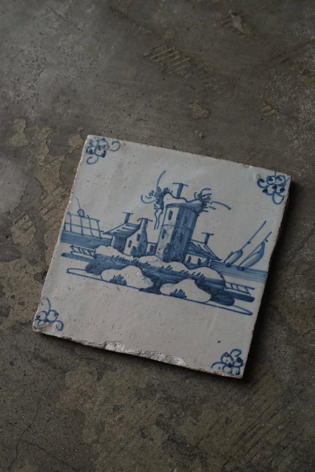 デルフトタイル 浮かぶ小島にある家-antique delft tile