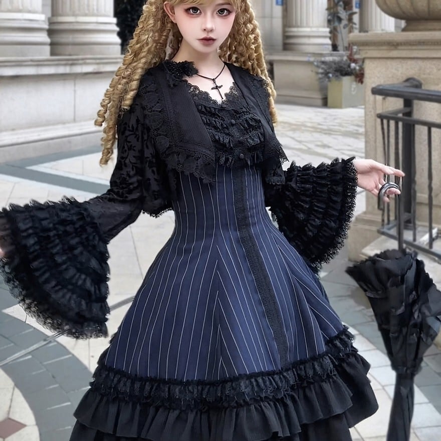 ゴスロリ 姫袖ジャケット ジャガード生地 フリル レース ダーク