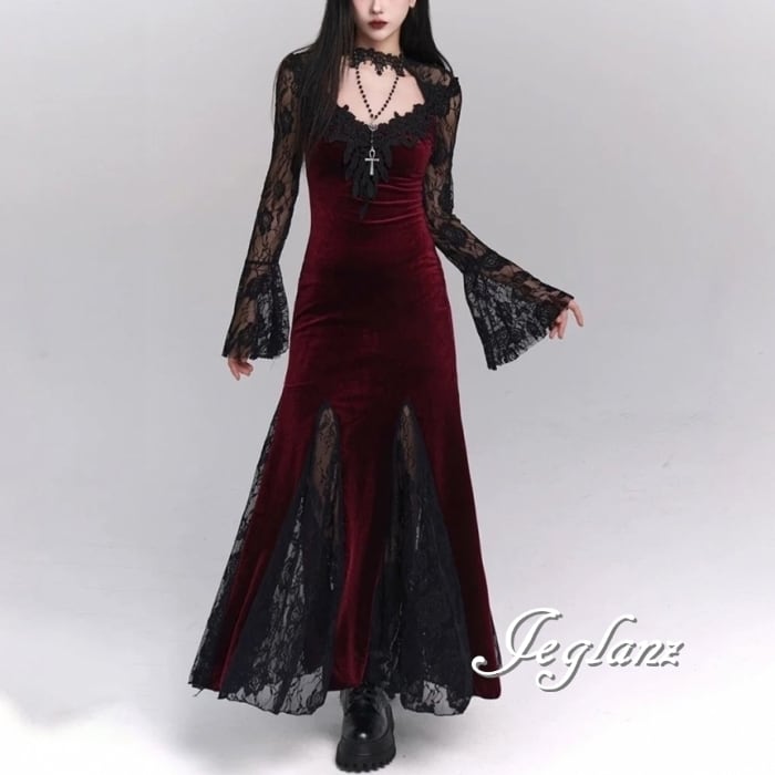 2色 レース 刺繍 ベロア調 ワンピース ドレス エターナル(MB407)η