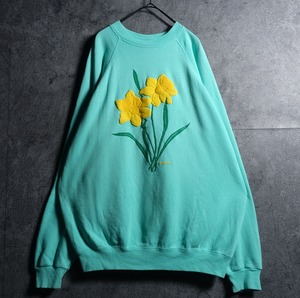 90s "Hanes" Light Green Flower Motif Foam Print Design Sweat