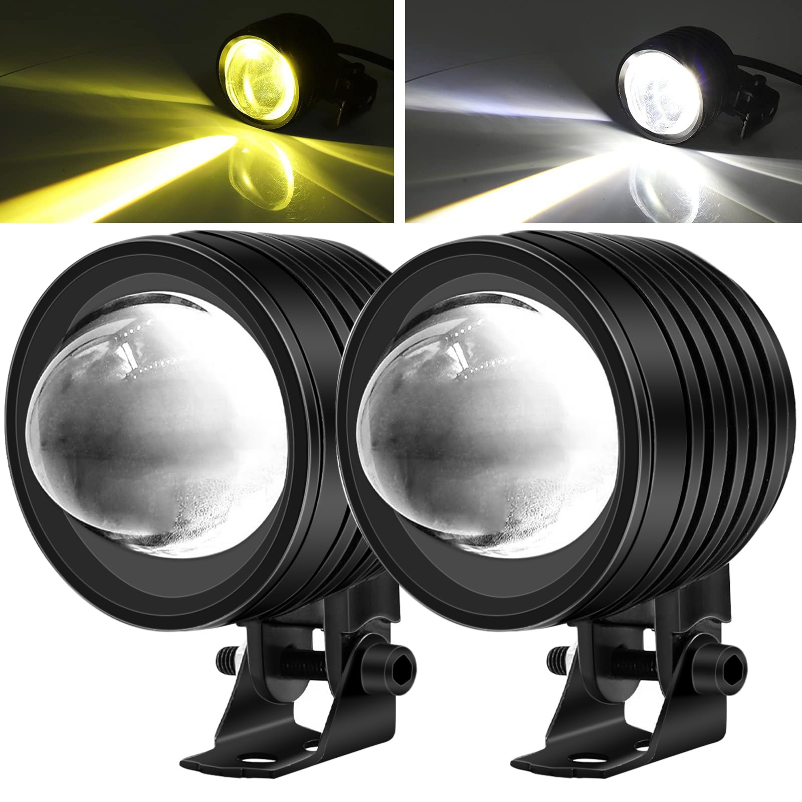 Aoling LEDフォグランプ バイク用 4Dレンズ 補助ライト 集光 12V24V兼用 防塵耐震省エネ ヘッドライト カットライン トラック/ボート/船舶/機械照明などに汎用 ホワイト&イエロー