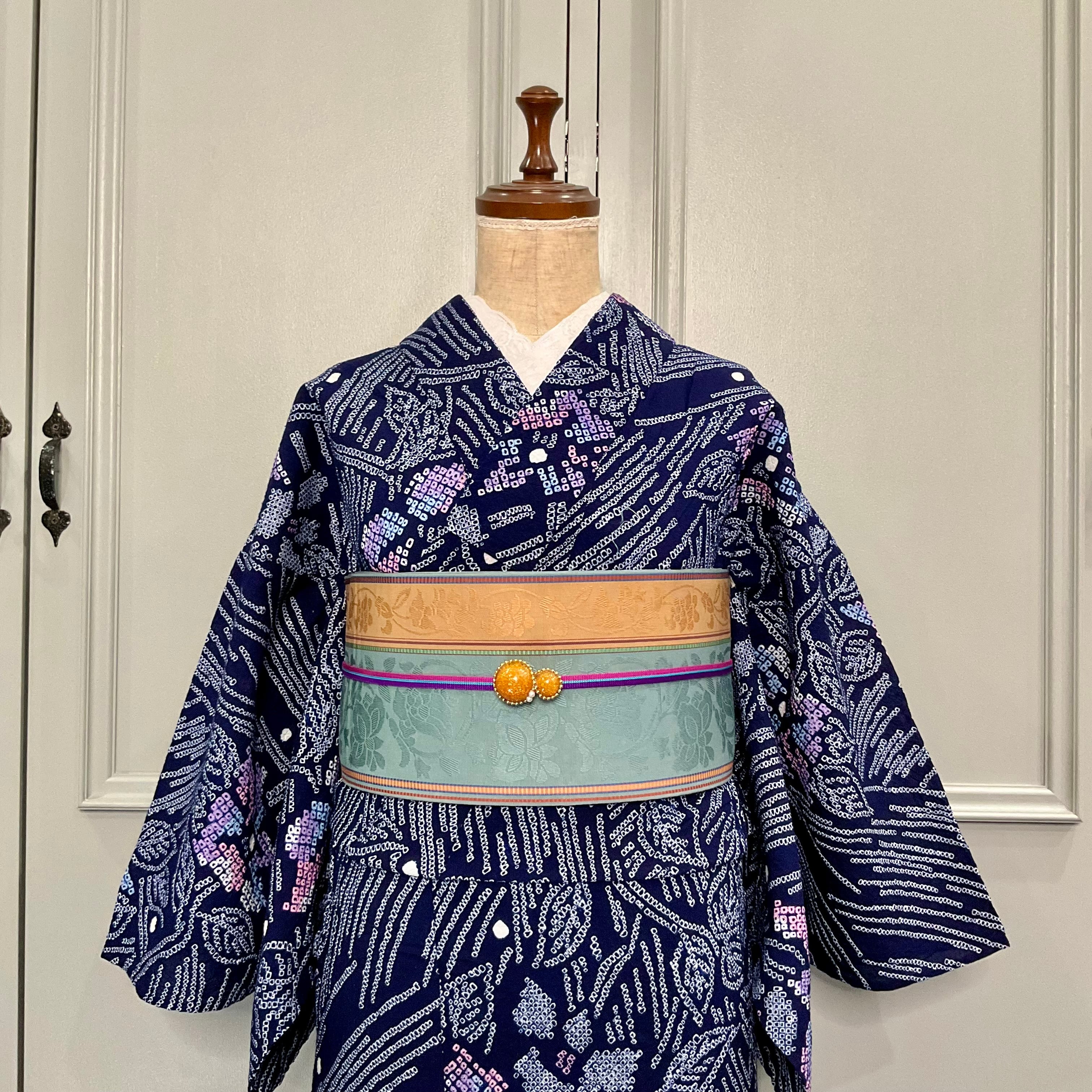 夏宵モザイク＊花 藍 ネイビー 紺 有松鳴海絞り浴衣 B675 | kimono tento
