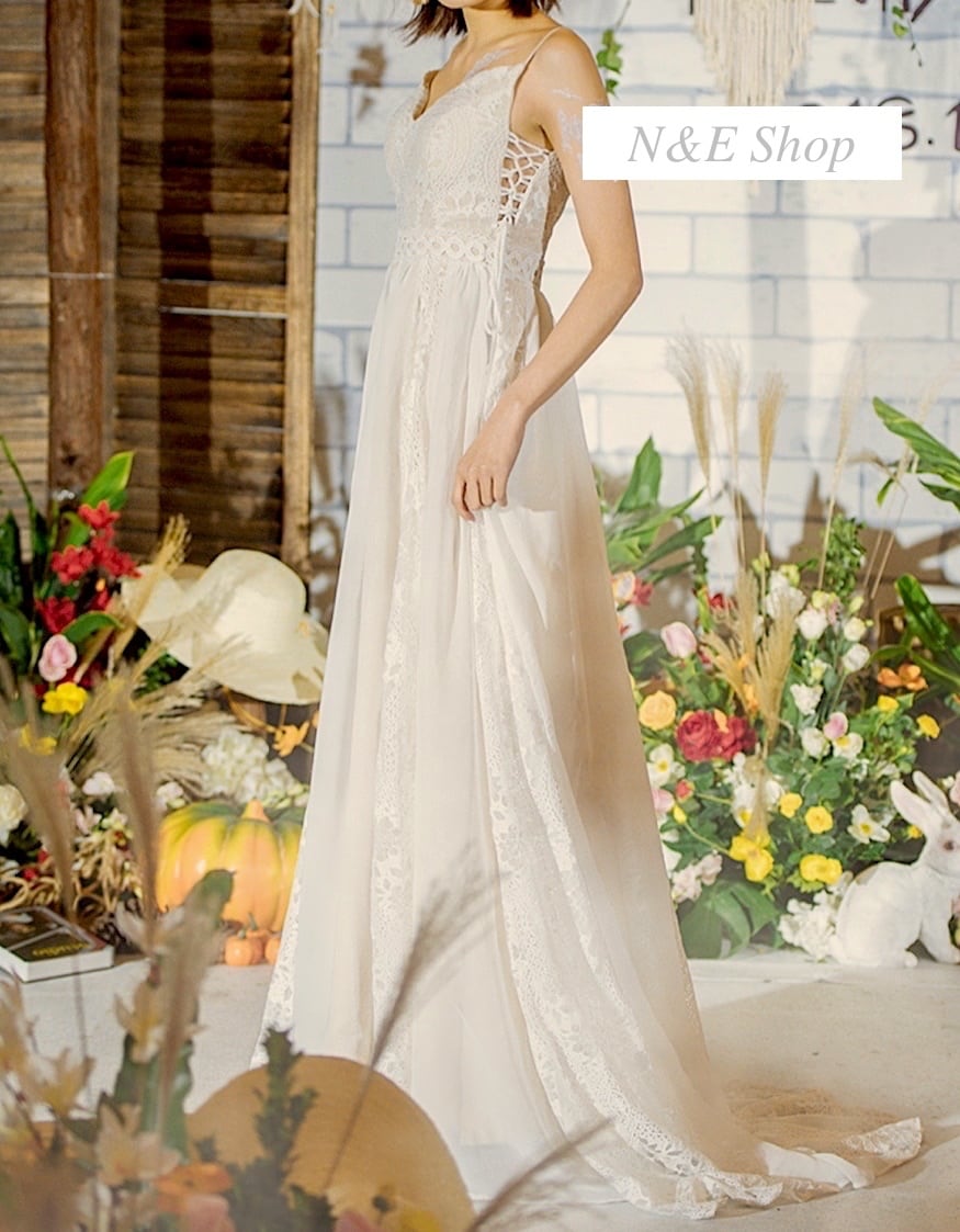 ウェディングドレス BOHO ボヘミアン 鍵編み レース ウェディングドレス BOHO ボヘミアン 鍵編み レース