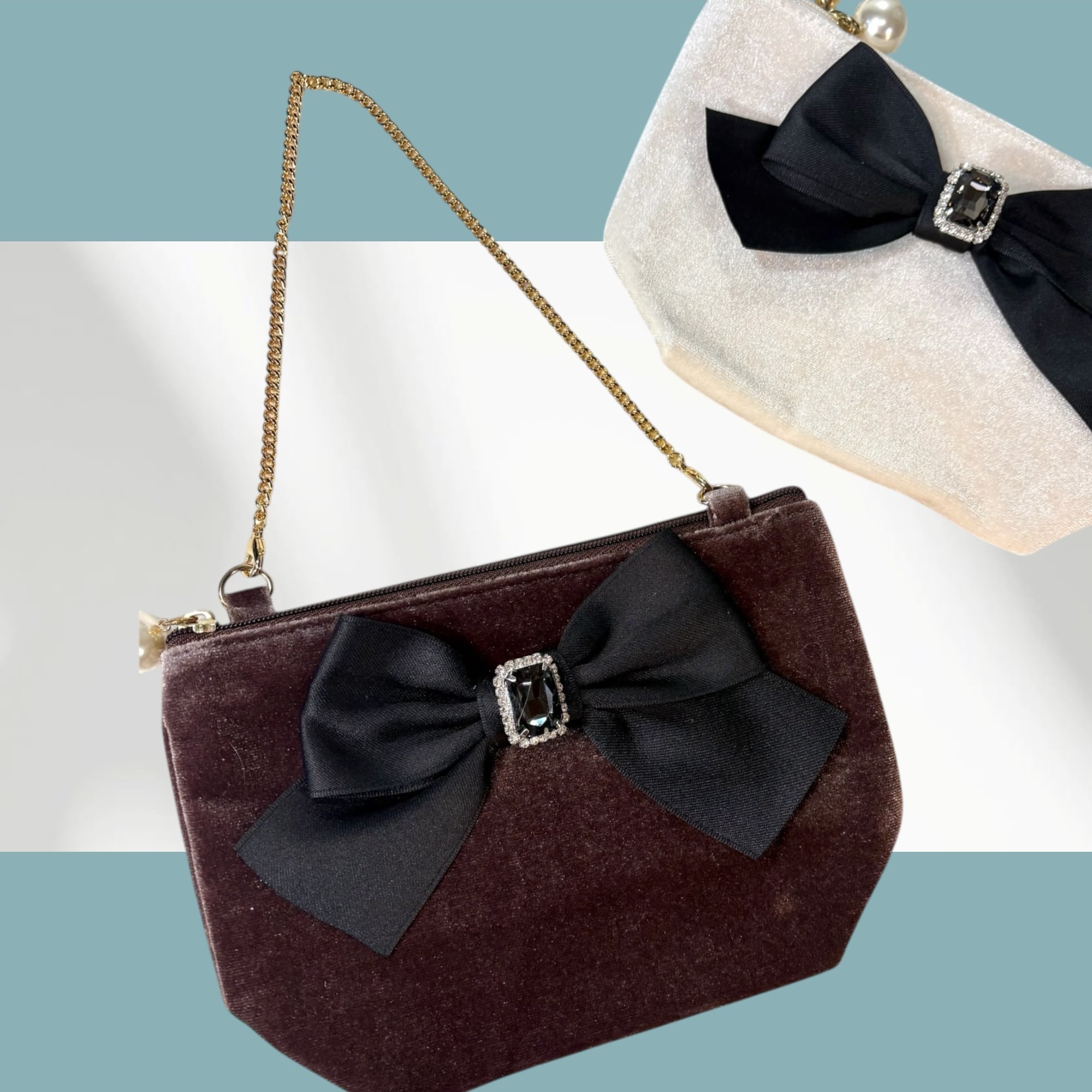 CLOSE SALE★ベロアチェーンポーチ《サテンリボン&メレバケットビジュー》(税込4730円) pc0031-