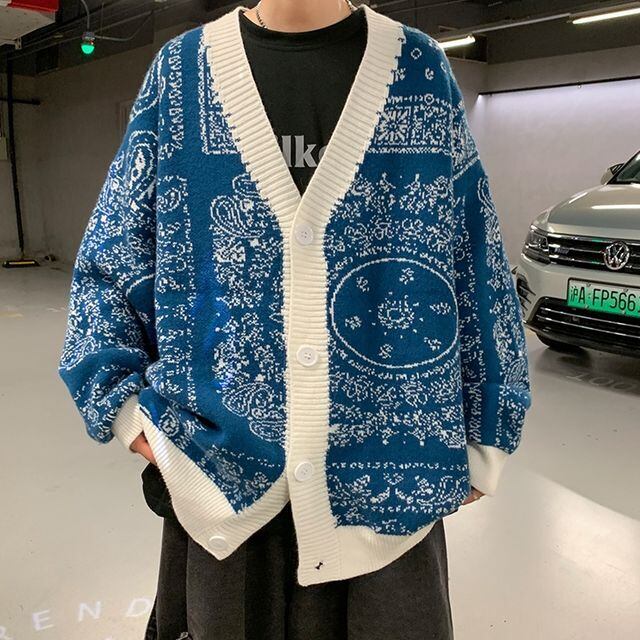 【予約販売】カーディガン ニット メンズ アウター ペイズリー柄 バンダナ柄 ブラック ブルー カジュアル シック 総柄 男前 こなれ感 お洒落 韓国 トレンド 秋 冬 M/L/XL/2XL/3XL