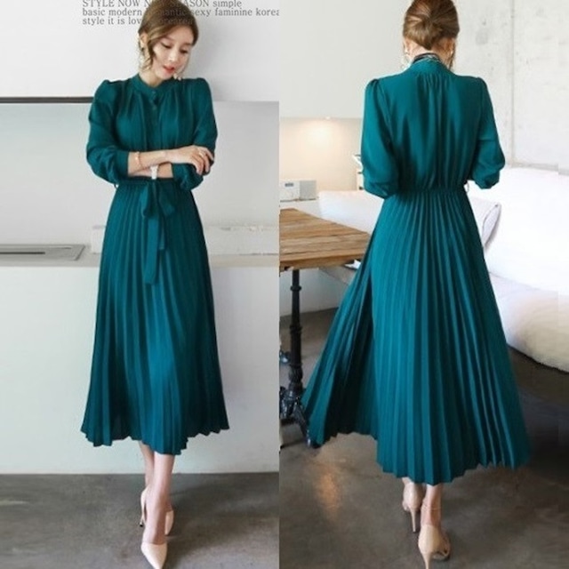国内即納 即日配送 パーティードレス お呼ばれ 他と被らない 緑 キャメル 黒 シャツワンピース ロング丈 プリーツスカート 長袖 ウエディング ワンピース ワンピ お呼ばれ ドレス クール レトロ 結婚式 成人式 花嫁 二次会 フォーマル レディース ブライダル お嬢様