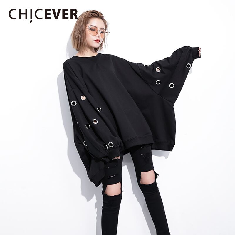 CHICEVER冬の中空プルオーバースウェットシャツ女性トップバットウィングスリーブルーズビッグサイズスウェットシャツ服 ウィンター 冬物 6base579665171049