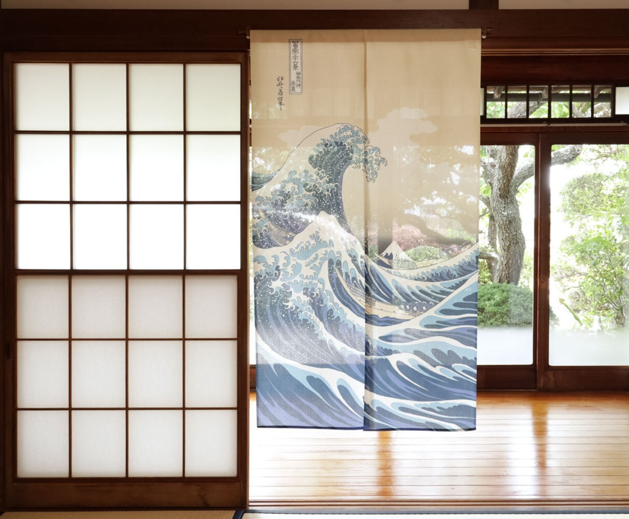 和柄のれん　白波　幅85×丈150cm　中国製　市松柄レース【AM11時までのご入金で当日出荷】5073