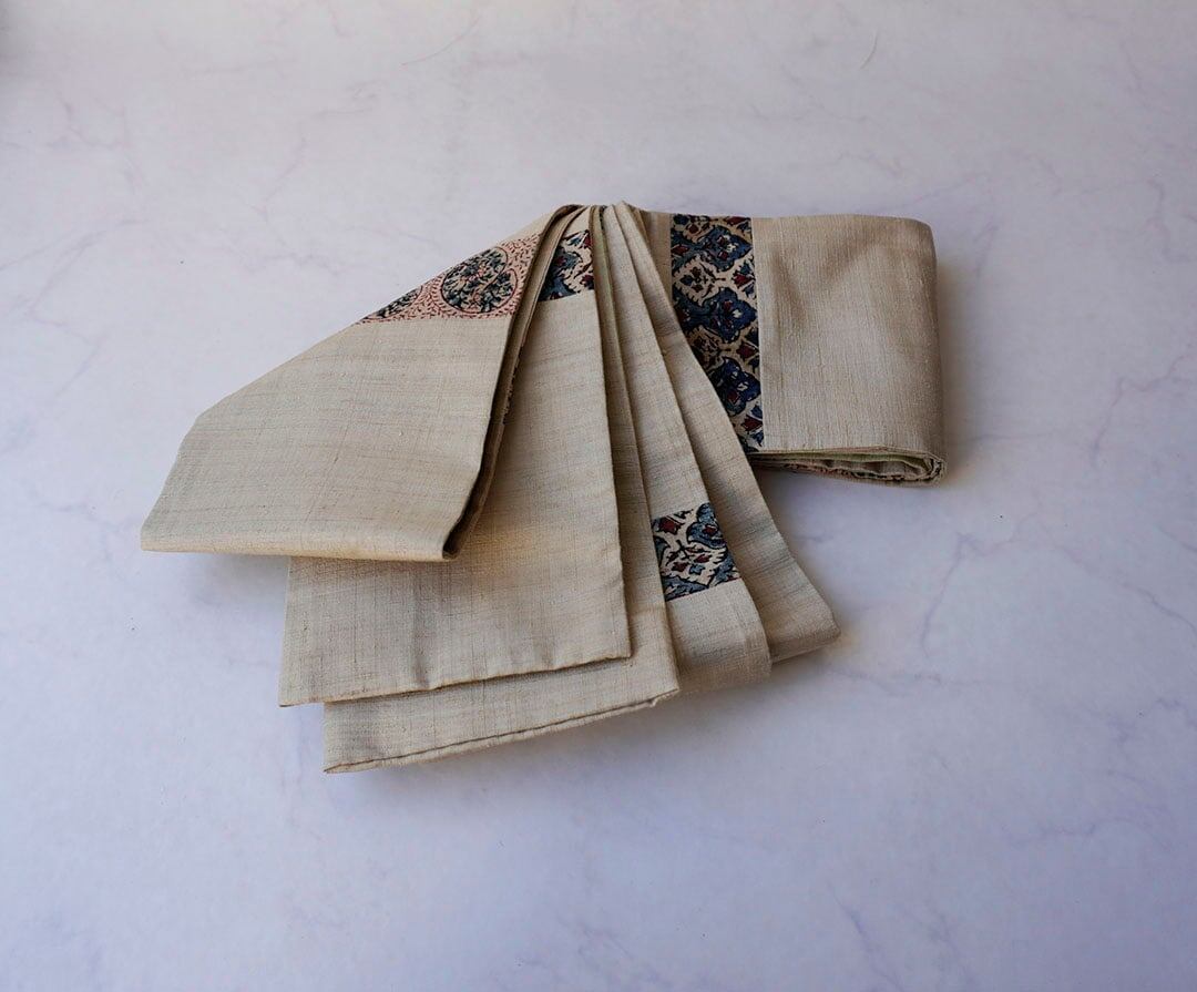 【半幅帯】砂色紬×インド更紗 仕立ておろし 創作 半幅帯