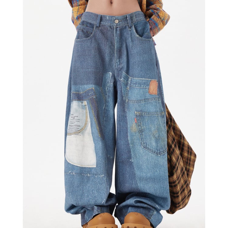 パッチワーク ワイドレッグ フルレングス デニムパンツ L00012