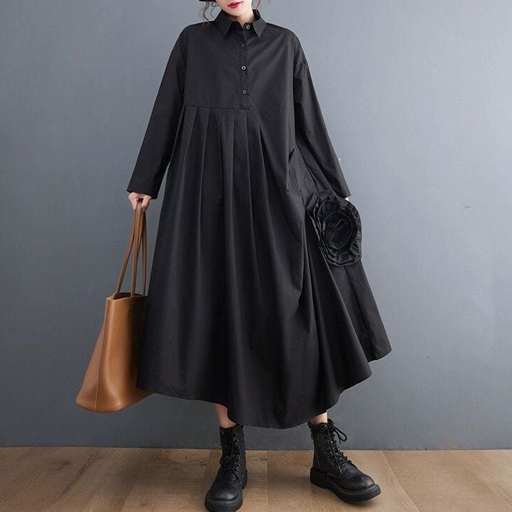 SOLID 3D FLOWER PLEATED A-LINE MIDI SHIRT DRESS 2colors M-15200