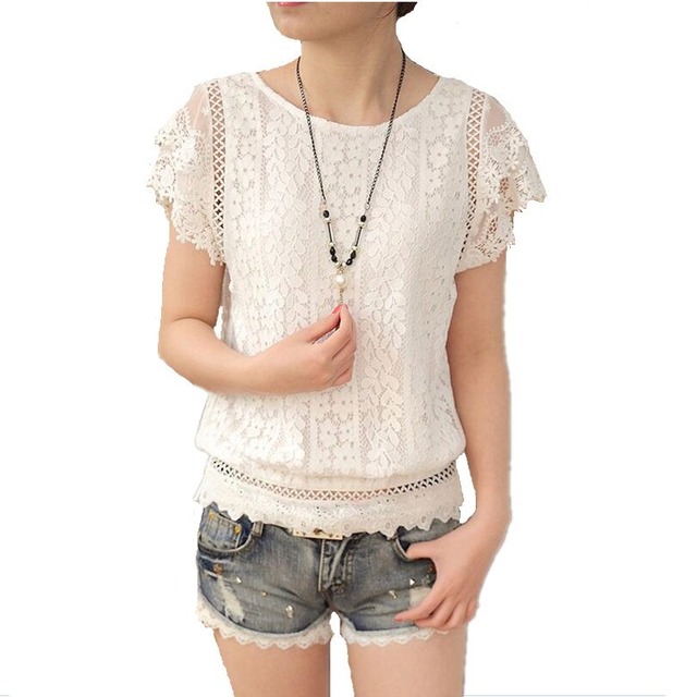 女性の夏中空アウトフラワー刺繍レースブラウス半袖白slimtopsシャツ新しいファッションblusas femininas 0888