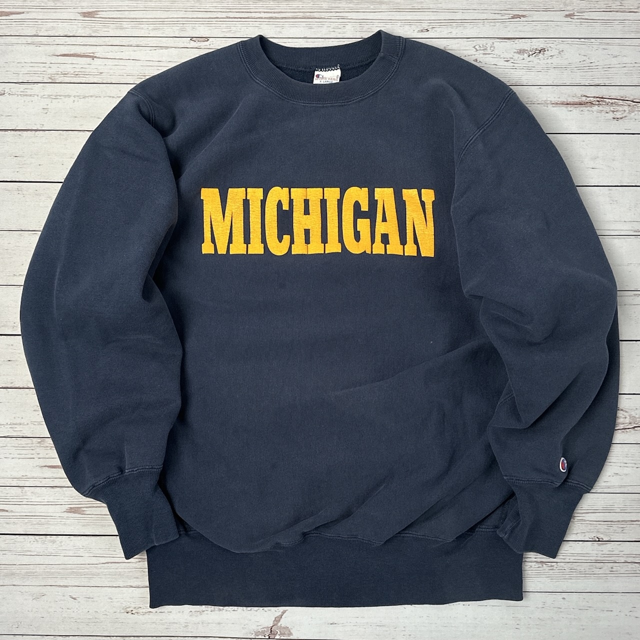 90s USA製 Champion REVERSE WEAVE チャンピオン リバースウィーブ 刺繍タグ MICHIGAN ミシガン XLサイズ スウェット トレーナー ネイビー 古着 古着