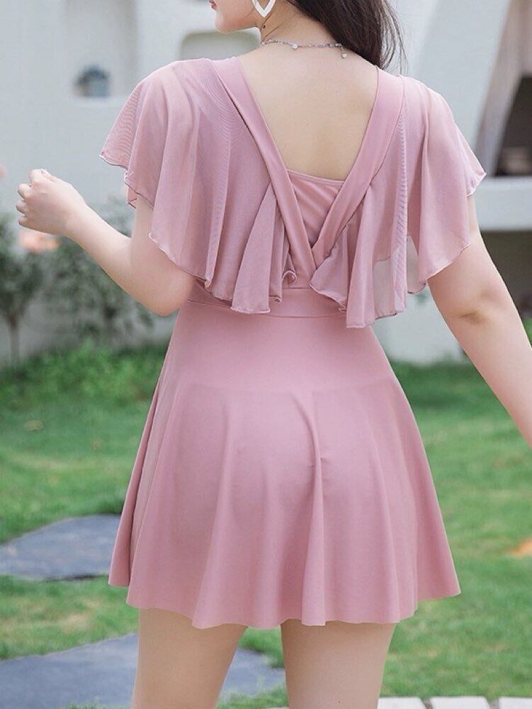 全方位受けする上品デザイン フリルレースアップリボンワンピース水着