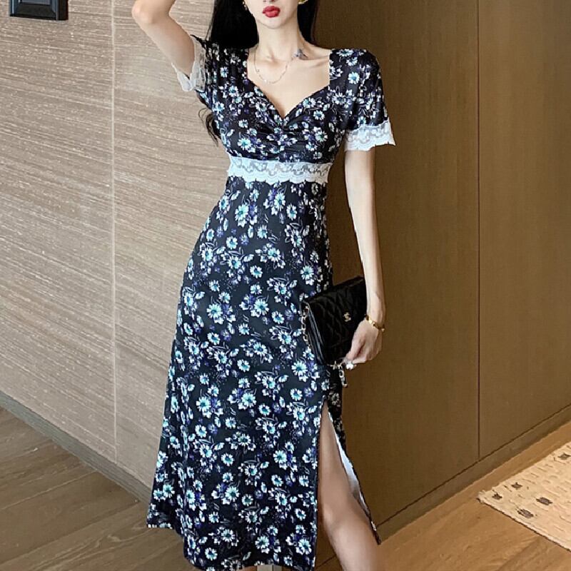 ワンピース Vネック 花柄 視線集中 女性らしい ロング 流行り おしゃれ S M L Dresszone ワンピース Vネック 花柄 視線集中 女性らしい ロング 流行り おしゃれ S M L Dresszone