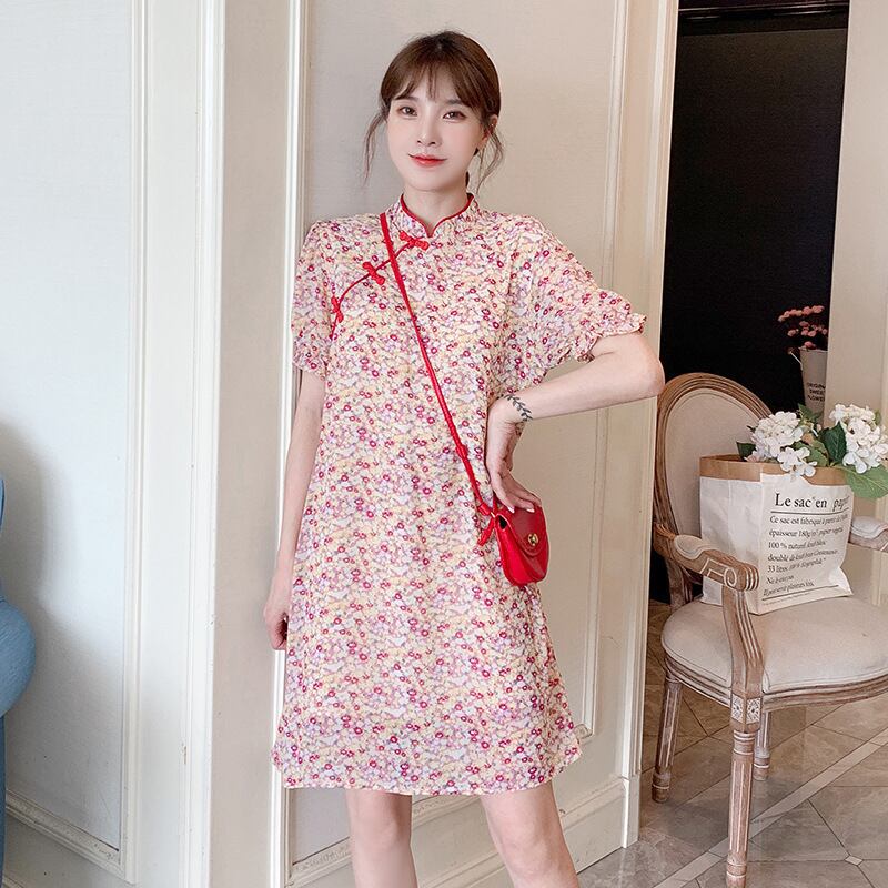 【新作】【送料無料】 マタニティウェア2020夏の新しいシフォンディスクバックルはチャイナドレスを改良し、年齢を減らすミドル丈のマタニティスカート サマー 夏物 expec247582452070