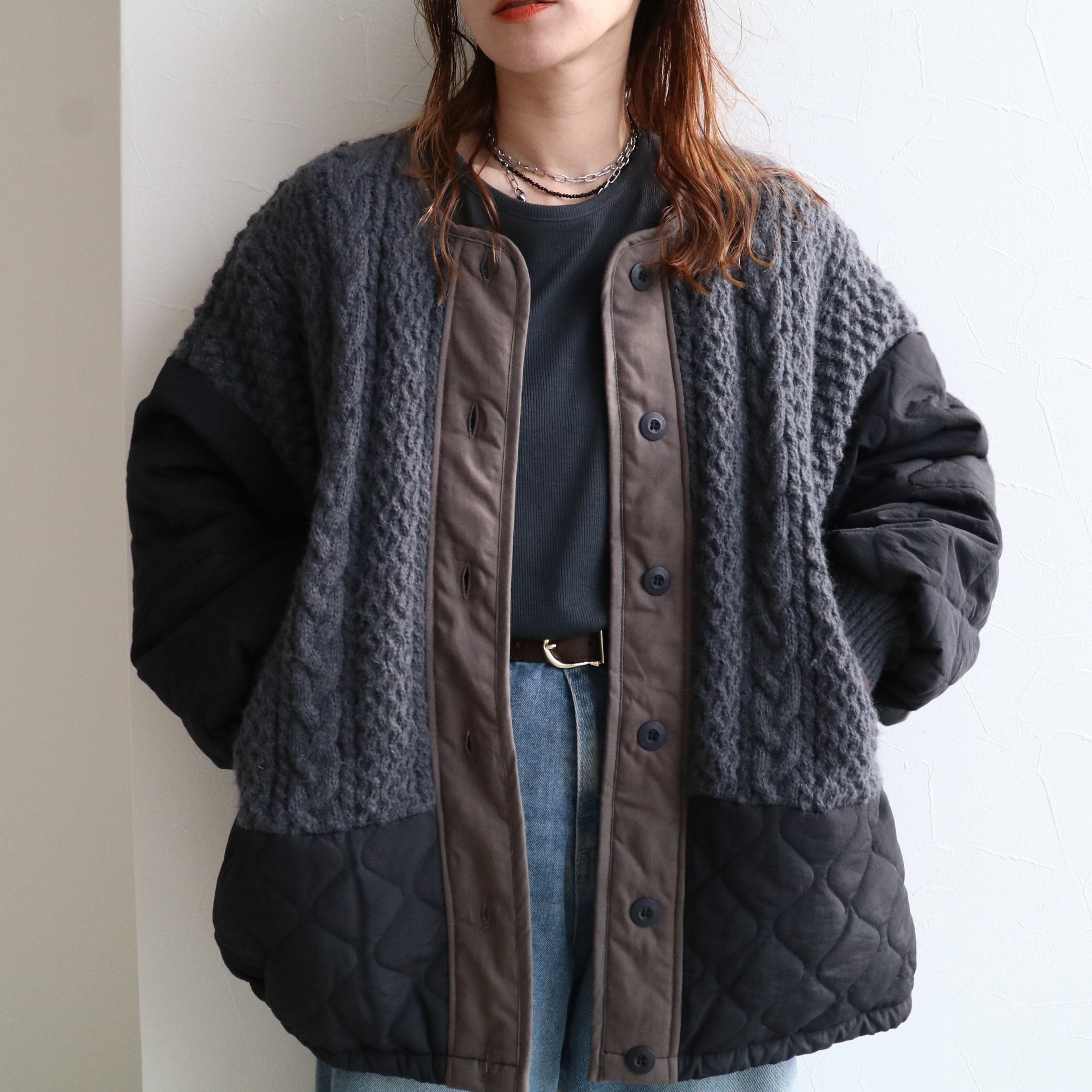 ケーブルニット×キルティングボリュームブルゾン【an-e251645-z】宅配