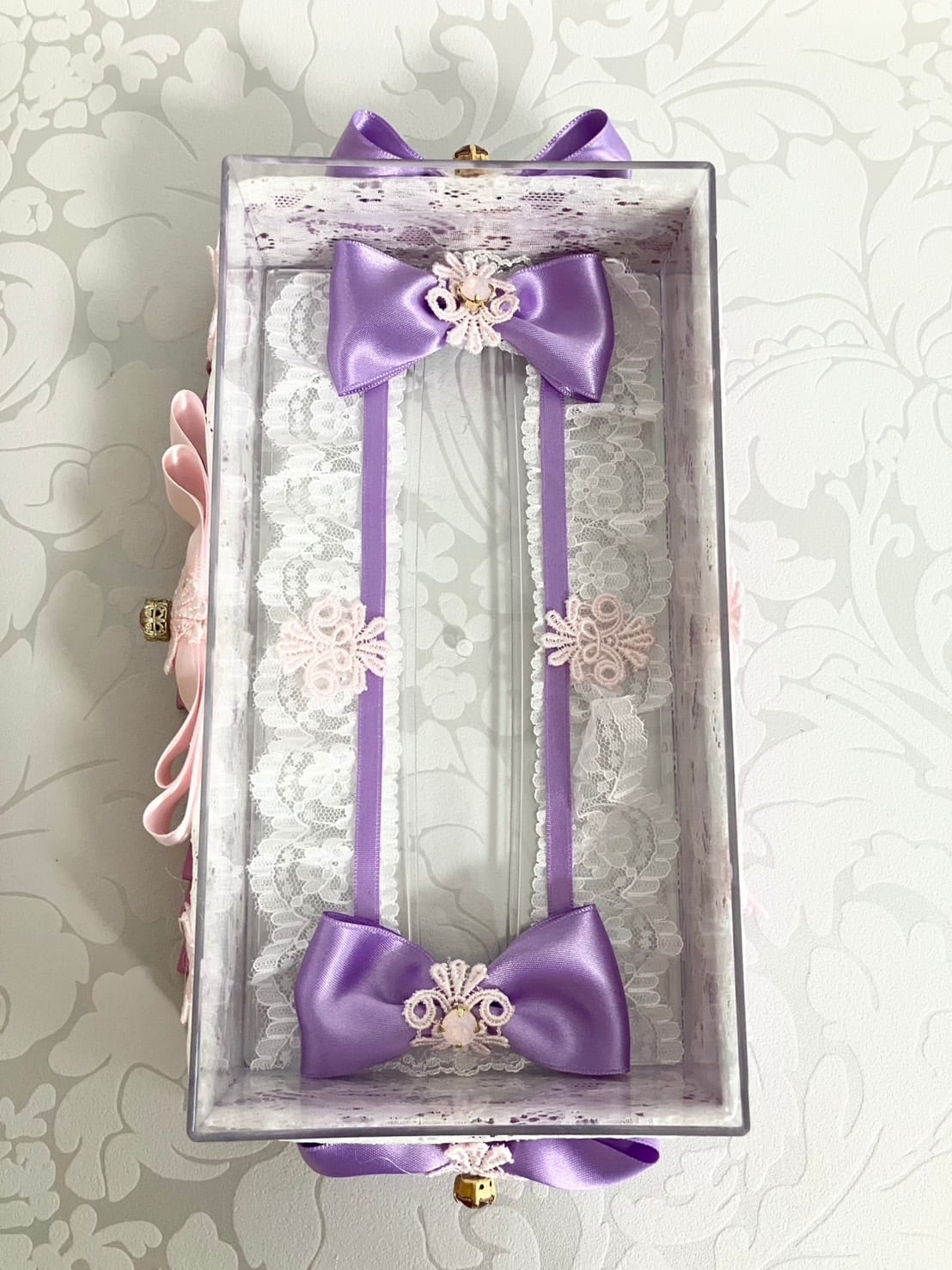 ティッシュケース　デコケース　ハンドメイド　キラキラ　パープル パープル×ピンク リボン コンパクトボックス ティッシュケース 楽屋