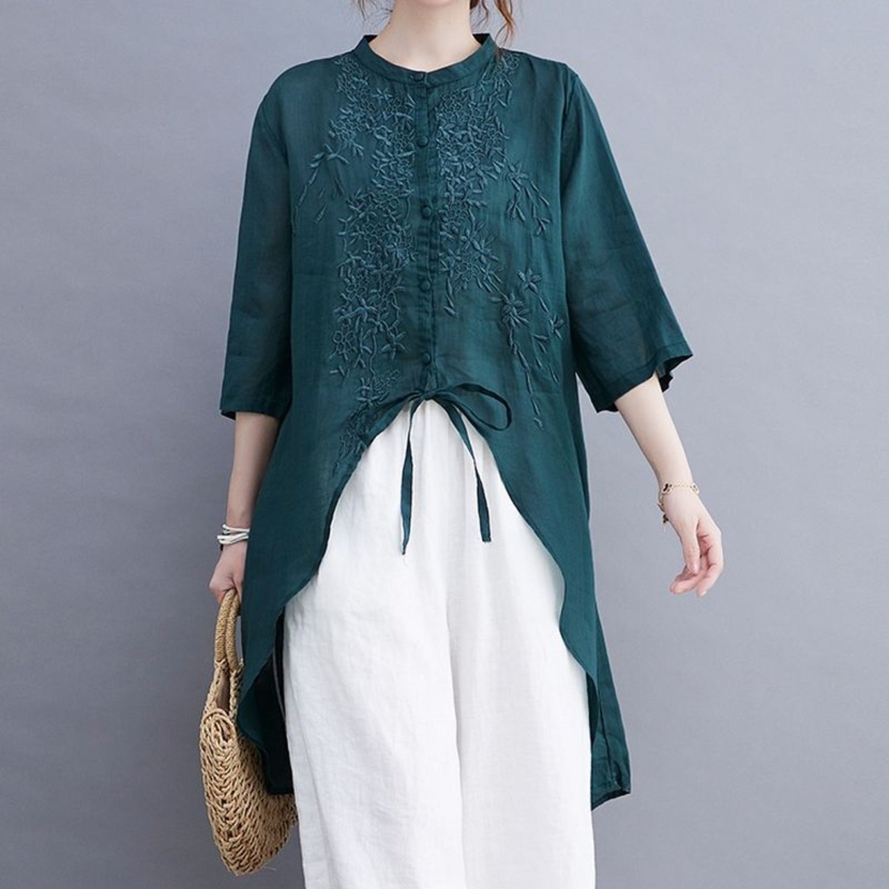 刺繍入り アシンメトリー チュニックシャツ  30228