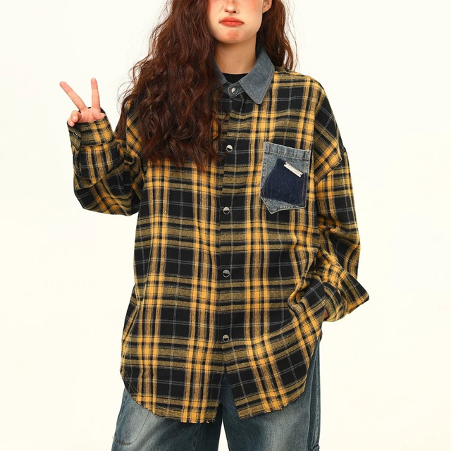 yellow check denim point shirt　イエローチェック柄デニムポイントシャツ　J2173