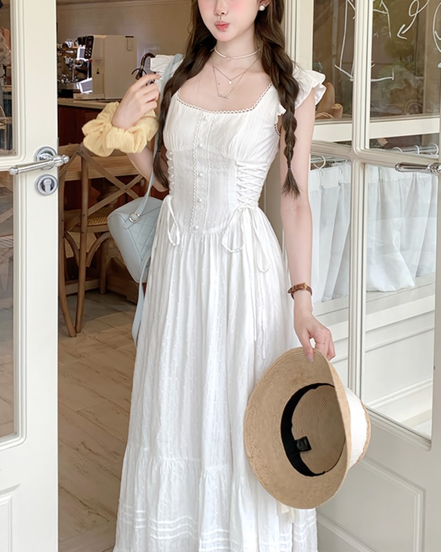 ホワイトコットンレースアップワンピース　2507007