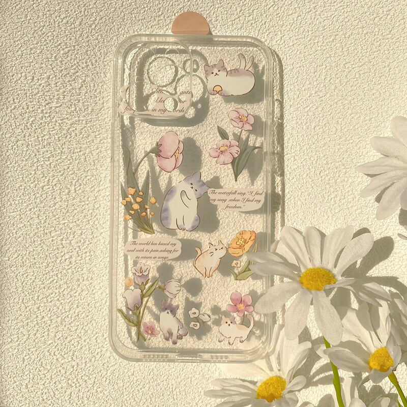お花×ねこさんに癒される♡透明 ケース ねこグッズ iphone クリア スマホケース ND-14589