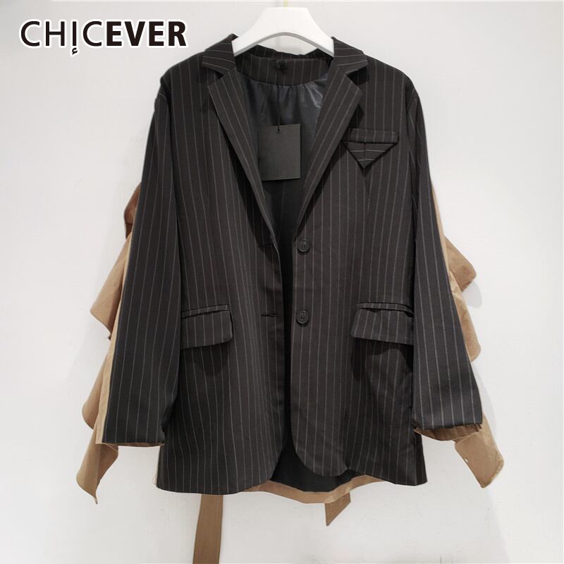 CHICEVERパッチワークフリルレースアップレディースブレザーノッチ付き長袖ヒットカラーストライプブレザー2020服 ロング ラッフル 6base567812646533