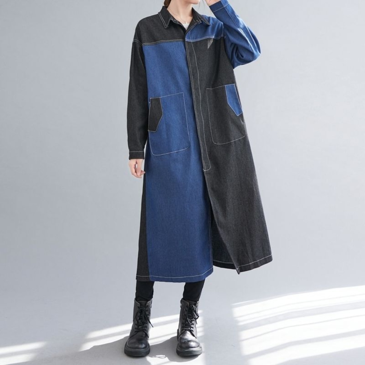 カラーブロック デニム ロングシャツ 00262