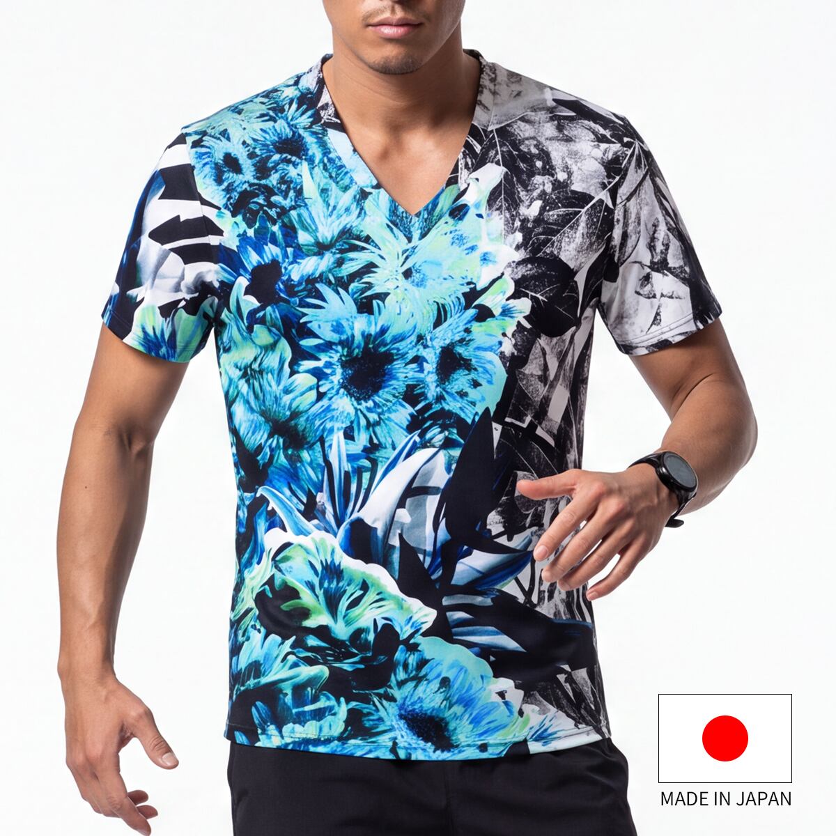 Vネック 半袖 Tシャツ 花 フラワー グラフィック ストレッチ スポーツ