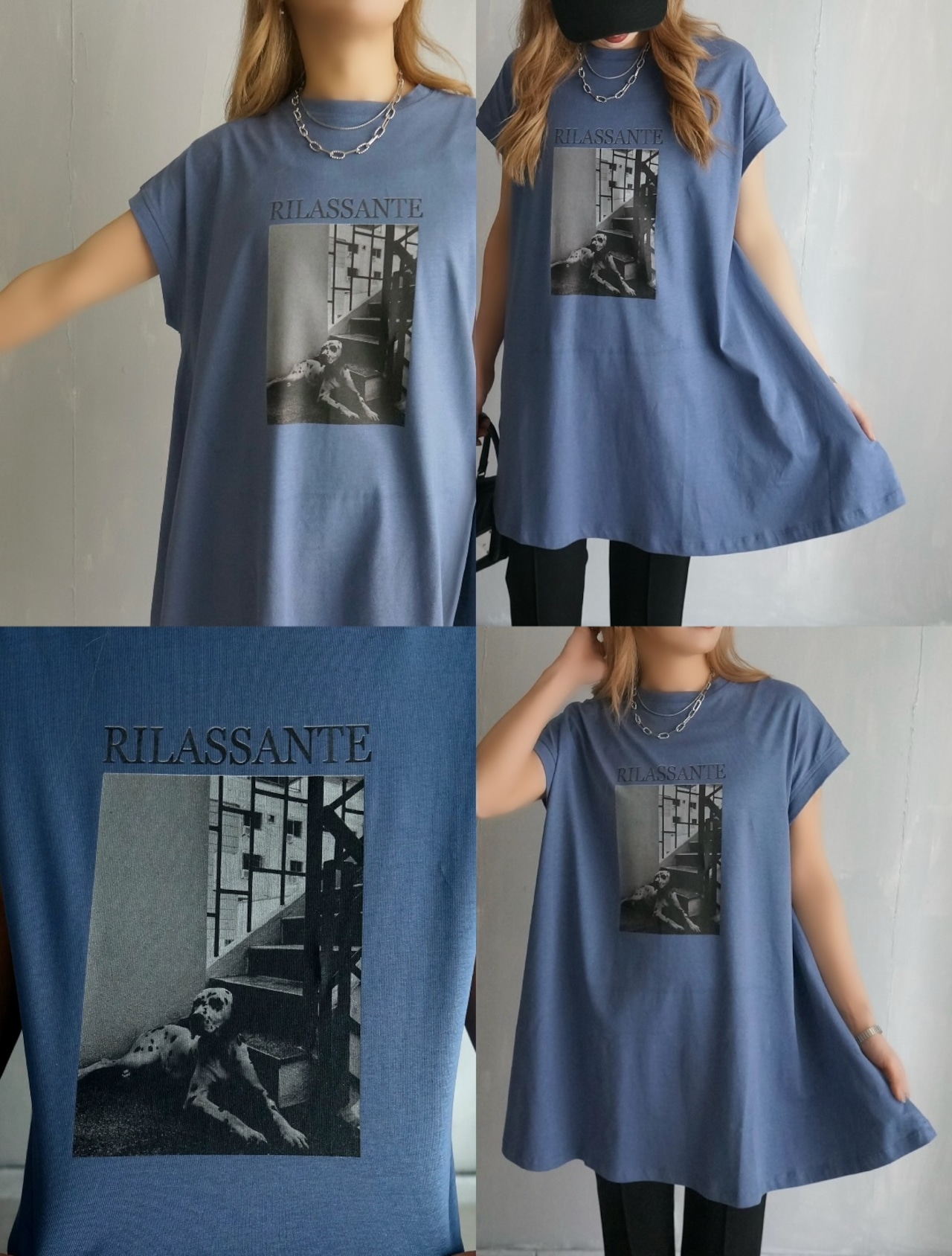 Dog graphic photoフレンチスリーブ接触冷感Tee／ブルーラベンダー