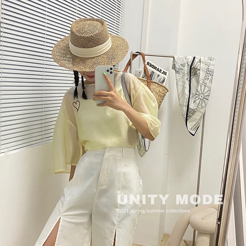 ルーズシャツ レディースサマー薄手ラウンドネックスリーブ刺繍トップス 夏物 Oネック ビッグFスモールZ韓国33964134568