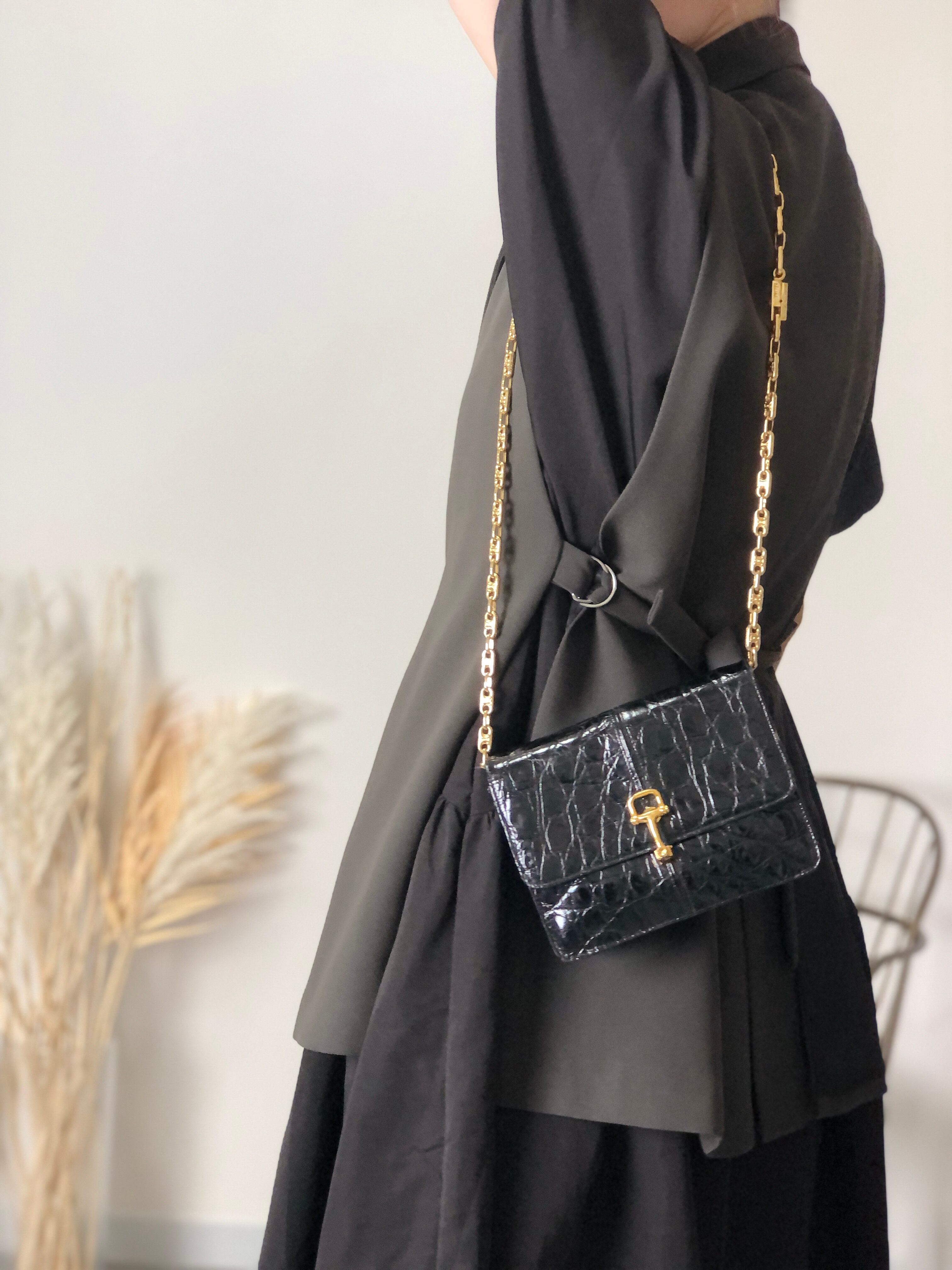 CELINE セリーヌ ショルダーバッグ ブラック ホースビット クロコダイル ミニバッグ チェーン vintage ヴィンテージ オールド pu7w2k
