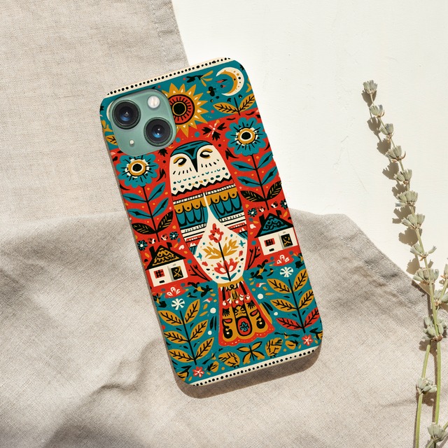 受注生産 iPhoneケース 家と花のサイケ民芸柄｜建物モチーフ PSYF050C