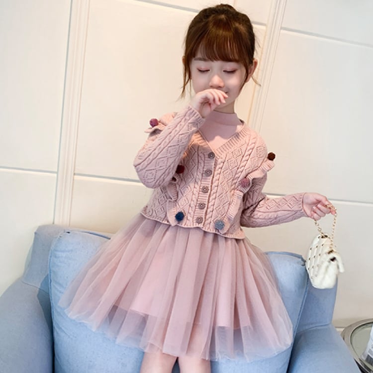 100 140 2点セット ドレス カーディガンピンク ワンピース ドレス 長袖 キッズ 韓国 子供服 女の子 Q Toworld キュートワールド 子供服