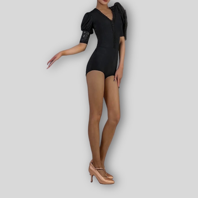 パフスリーブ Vネック レースコンビ レオタードトップス 1col D00613