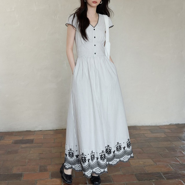 embroidered stripe long dress