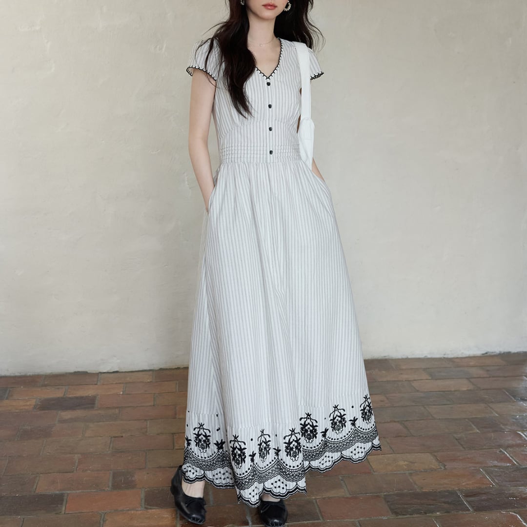 embroidered stripe long dress