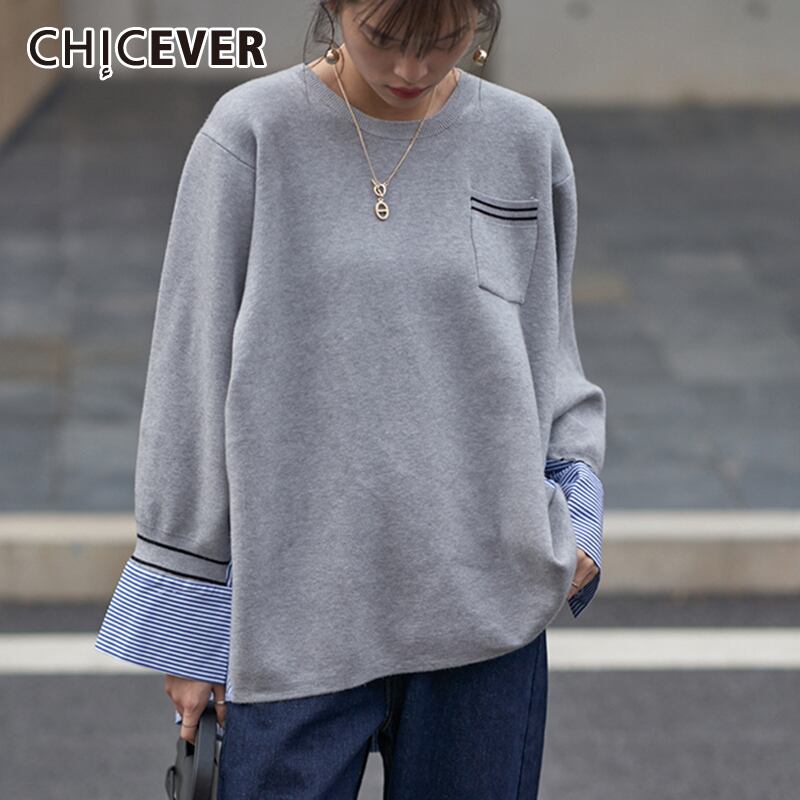 CHICEVERセーター女性Oネックフレア長袖パッチワークバックストライプヒットカラープルオーバー2020秋の服 ロング オータム 秋物 6base563214048247