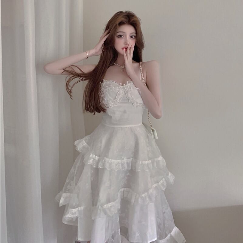 ホワイトドレス サマースタンダードレーススカート ウェストラッフル レトロ 夏物 ステッチ YY-ファッション2296814375