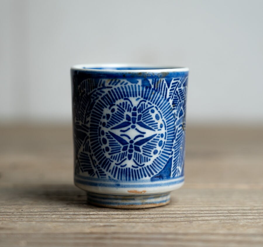 景徳鎮・ヴィンテージ】蛍手透かし煎茶碗＆ティーポット 5点セット｜青