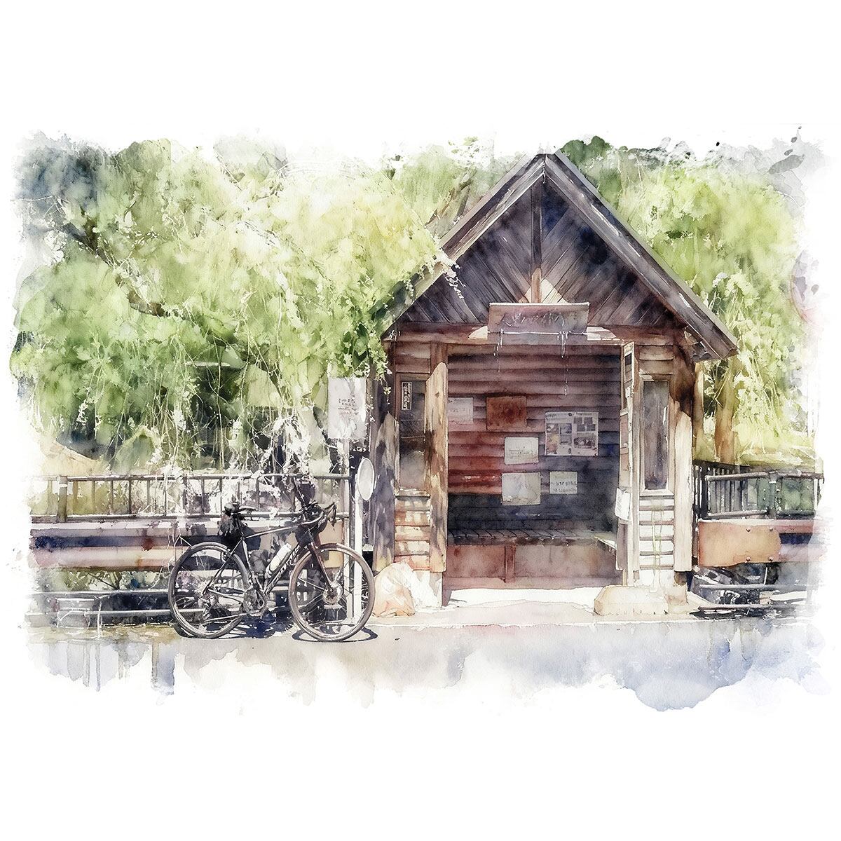 絵画 日本 東京都 桧原村人里バス停 風景画 インテリアアート額付き 水彩画・油絵風 WAT0136