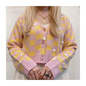 remake 17006：checker flower cardigan