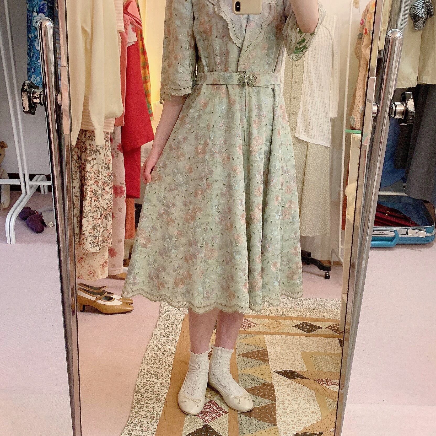 flower embroidery lace green one-piece