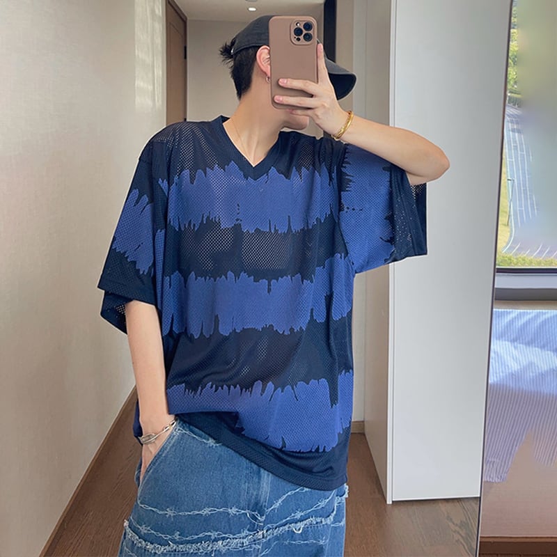 ancellmタイダイ染めメッシュ長袖カットソー ポケット付 dannyandzeeタイダイ染めメッシュ編みVネック半袖Tシャツ | mblueshop