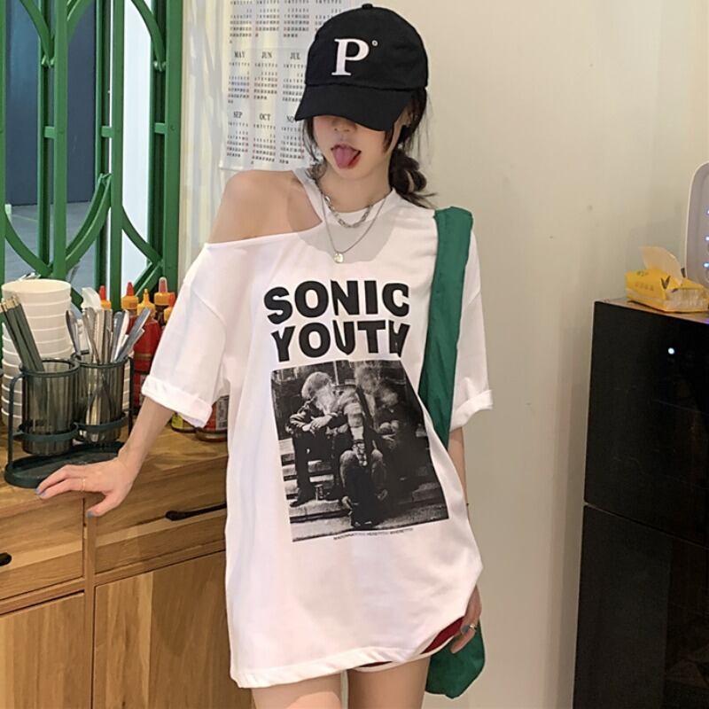 スタンダードストラップレスTシャツ レディースサマー薄手カジュアルルーズグレートップス レトロ 夏物 ヨーロピアン YY-ファッション47964132027