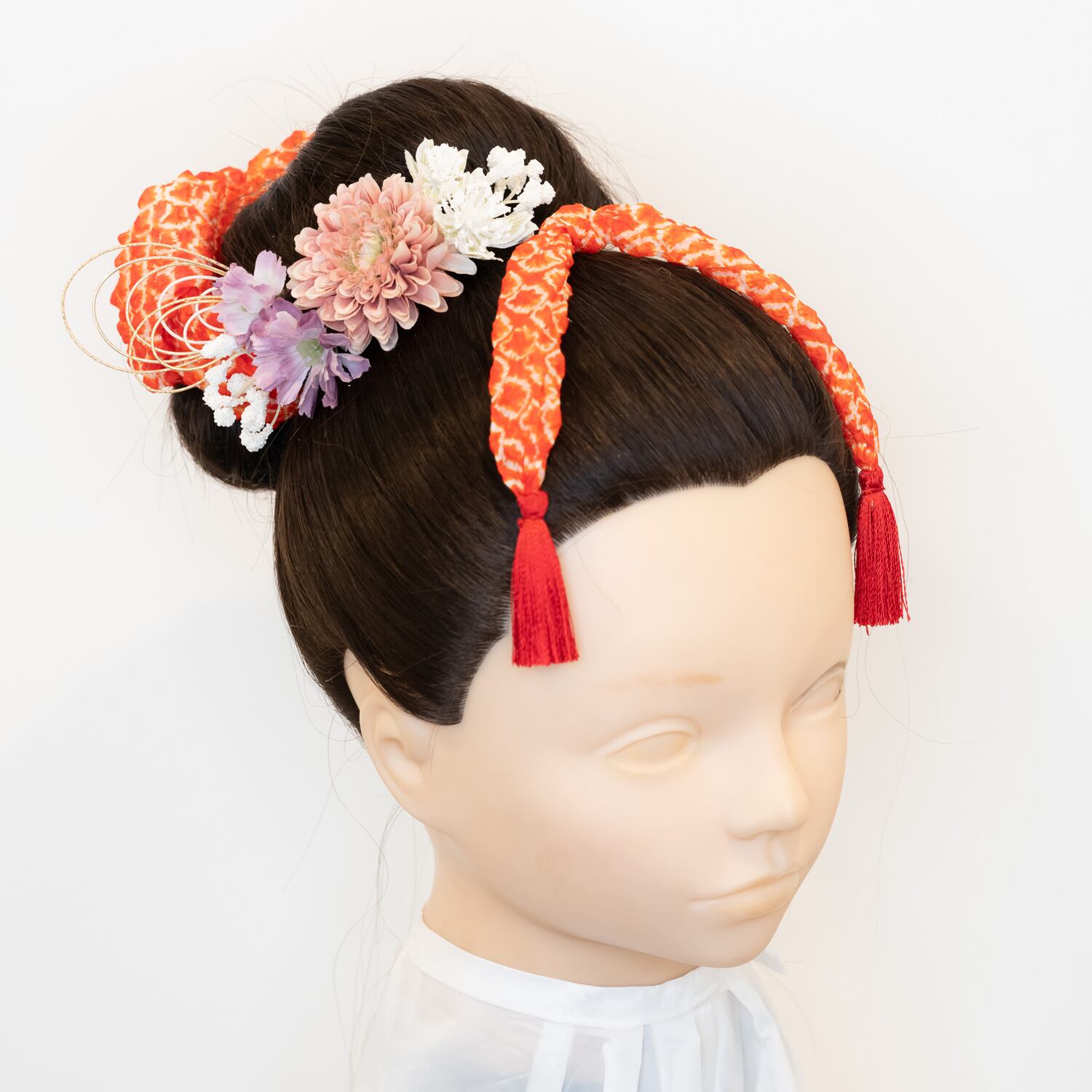 【七五三/前撮り髪飾りピンクB】鹿の子（かのこ）ちんころ＆タッセル付き組紐白/水引き金セット/七五三3歳7歳レッド/ピンクの被布やお着物/二分の一成人式（ハーフ成人式）振袖/日本髪ヘアアレンジ/卒園式/卒業式/お祝いギフトにもぴったりの全商品プレゼントラッピング発送＊